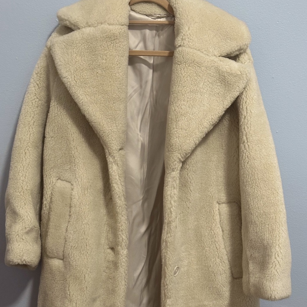 & other stories cream faux fur long coat